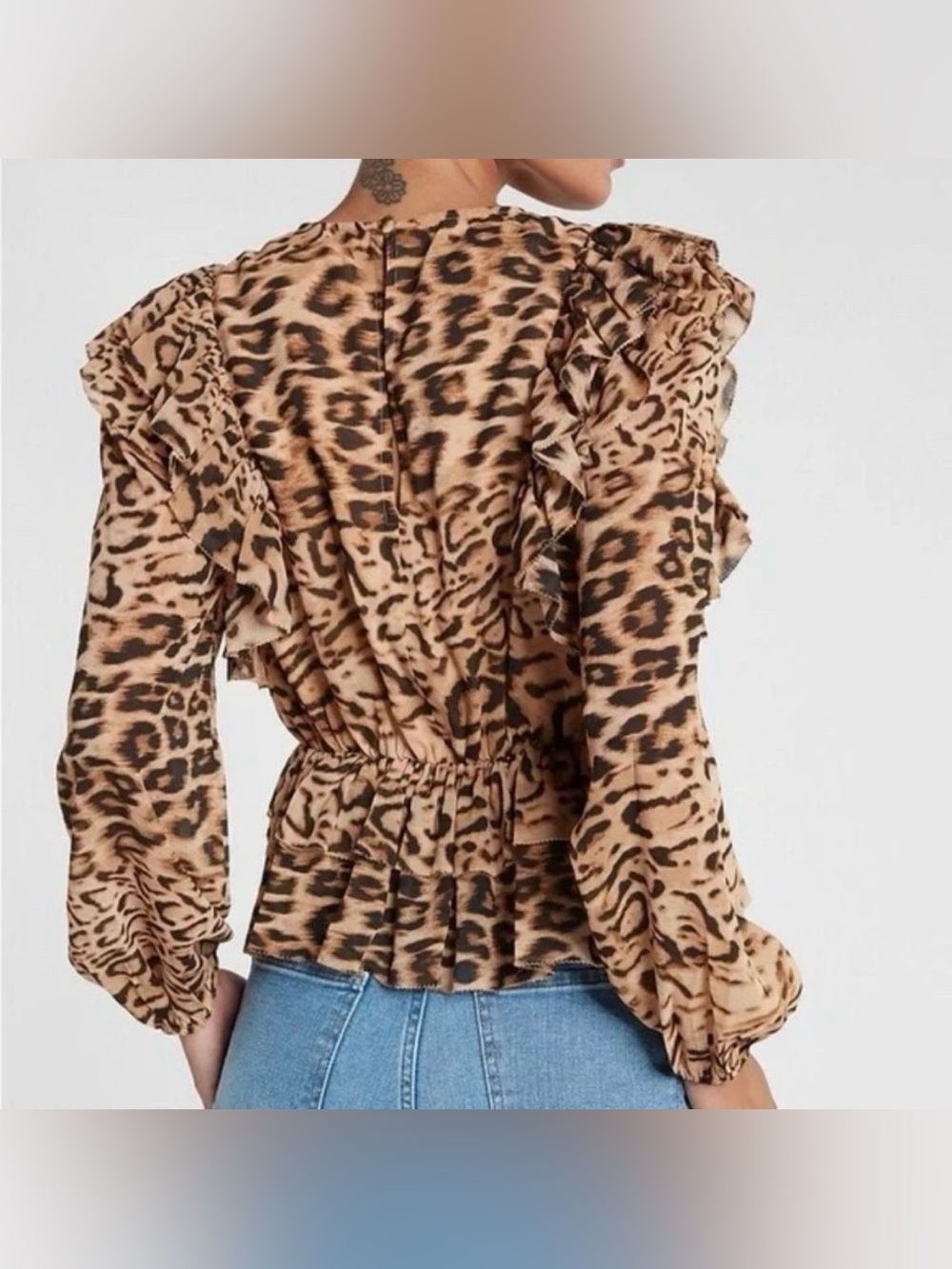 Express Leopard Animal Print Ruffle Blouse Size Small - Picture 2 of 8